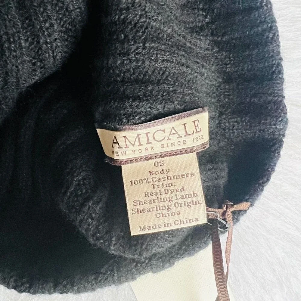 AMICALE Cashmere Genuine Shearling Pompom Beanie Hat, Color: Black, One Size NWT